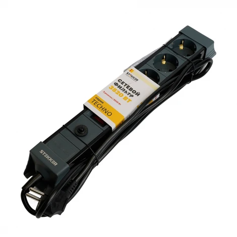 Сетевой фильтр 3-х местный с заземлением 1,8м. (черный) Stekker Techno 50153