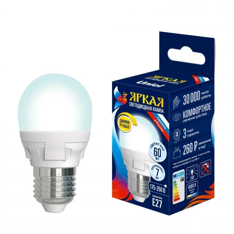 Лампочка светодиодная шар белая E27 7W 4000K Uniel LED-G45 7W/4000K/E27/FR/DIM PLP01WH