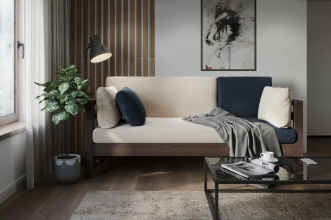 Диван Arsko прямой Домино Б орех велюр молочный/синий