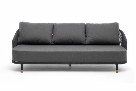 "Верона" диван 3-местный плетеный из роупа, каркас алюминий темно-серый (RAL7024) муар, роуп темно-серый круглый, ткань темно-серая 027 4SIS арт.УТ-00007143