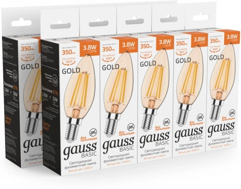 Лампочка светодиодная филаментная Gauss Filament 1037154 Свеча 3,8W 350lm 2400К Е14 golden LED
