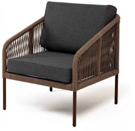 "Канны" кресло плетеное из роупа, каркас алюминий коричневый (RAL8016) муар, роуп коричневый круглый, ткань темно-серая 027 4SIS арт.УТ-00007761