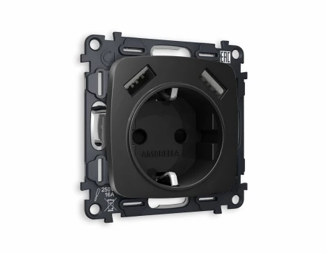 Комплект механизма Ambrella Volt электрической розетки OMEGA MO809010 Черный матовый 2USB A+A 18W быстрая зарядка с заземлением и шторками 2P+E 16A-250V QUANT