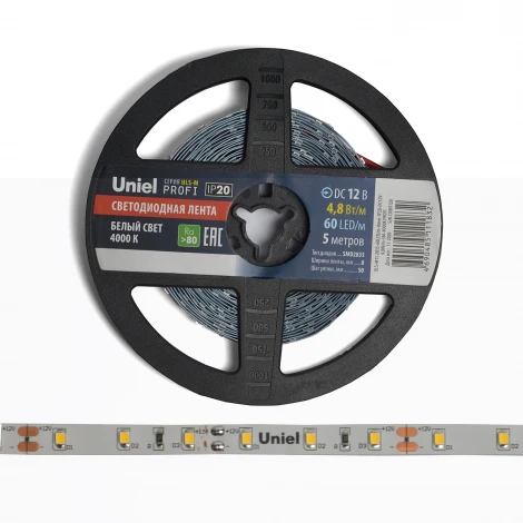Светодиодная лента Uniel ULS-M11-2835-60LED/m-8mm-IP20-DC12V-4,8W/m-5M-4000K PROFI катушка в герметичной упаковке