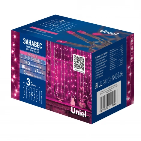 Занавес светодиодный, 3х2м. 160 светодиодов, розовый свет Uniel ULD-C3020-160/DTA PINK IP20