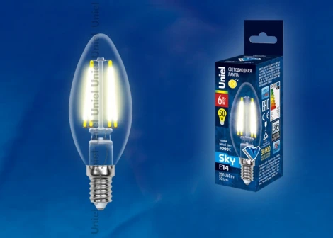 Лампочка светодиодная свеча прозрачная E14 6W 3000K Uniel LED-C35-6W/WW/E14/CL PLS02WH