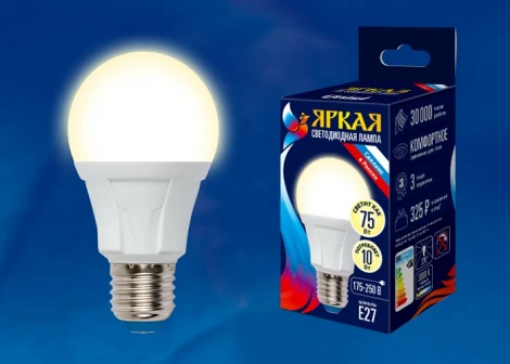 Лампочка светодиодная шар белая E27 10W 3000K Uniel LED-A60 10W/WW/E27/FR PLP01WH