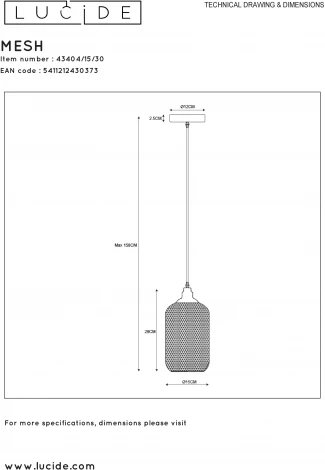 Подвесной светильник Lucide Mesh 43404/15/30