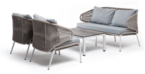 "Милан" лаунж-зона 4-местная плетеная из роупа (веревки), каркас алюминиевый белый, роуп бежевый 4SIS арт.УТ-00005967