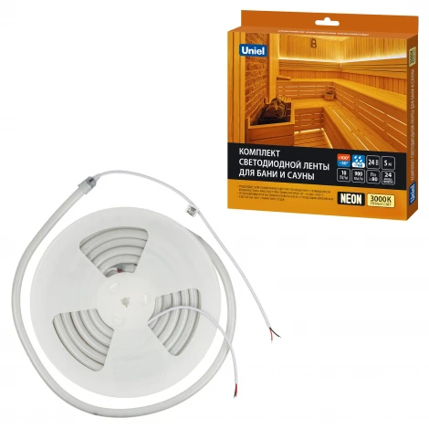 Комплект светодиодной ленты для бань и саун, до +100°С, катушка 5м, теплый белый свет ,3000К, крепление в/к Uniel Готовое решение ULS-N40-2835-120LED/m-16mm-IP68-DC24V-10W/m-5M-3000K NEON SET01