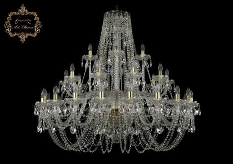 Подвесная большая люстра Art Classic 11.11 11.11.20+10+5.460.Gd.Sp (220V, хрусталь, на цепи, подсвечник, свеча)