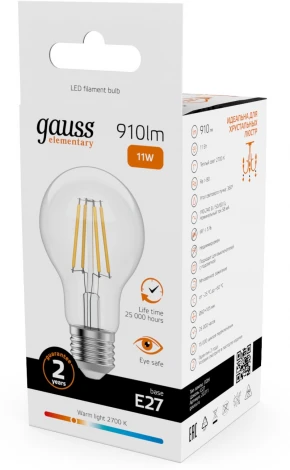 Лампочка светодиодная филаментная Gauss Filament Elementary 22211 А60 11W 910lm 2700К Е27 LED