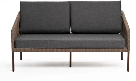 "Канны" диван 2-местный плетеный из роупа, каркас алюминий коричневый (RAL8016) муар, роуп коричневый круглый, ткань темно-серая 027 4SIS арт.УТ-00007799