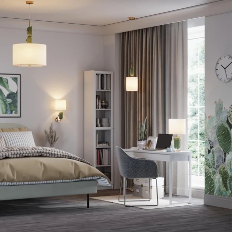 Подвесной светильник Odeon Light Cactus 5425/1 золотой/зеленый/белый/металл/керамика/ткань E14 1*40W (220V, на проводе, круглые)