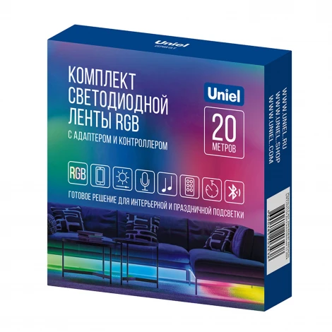Комплект светодиодной ленты c Bluetooth, 20м, RGB свет, адаптер 24Вт, контроллер с пультом в/к Uniel Готовое решение ULS-A01 20M/RGB/BT RRP24C01