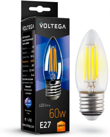 Лампочка светодиодная свеча прозрачная колба E27 6 Вт 580 lm 2800K теплое желтое свечение Voltega Crystal 7046