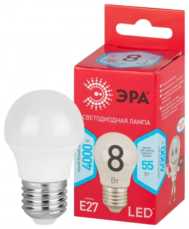 Лампочка светодиодная E27 8W ЭРА LED P45-8W-840-E27 R