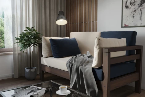 Диван Arsko прямой Домино М орех велюр молочный/синий