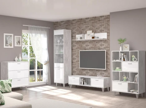 ТВ-тумбы Woodville Эго Т-3 на ножках бетон светлый / белый глянец