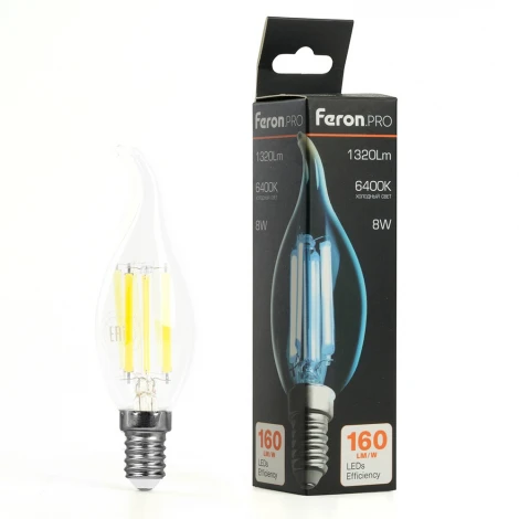Лампа светодиодная филамент C35T свеча на ветру 8W 175-265V E14 6400К Feron LB-1218 51267