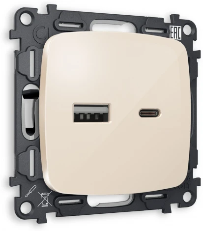 Комплект механизма Ambrella Volt розетки OMEGA MO311010 Бежевый глянец 2USB A+C 20W быстрая зарядка QUANT