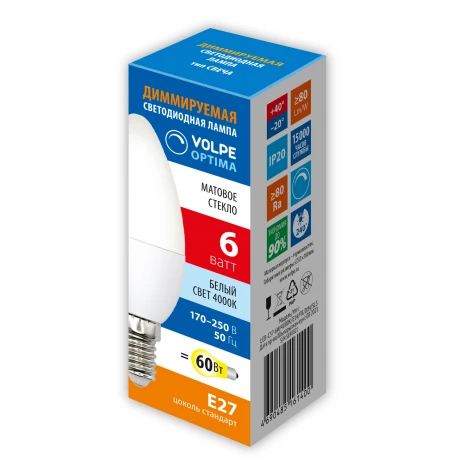Лампа светодиодная, диммируемая, форма "свеча", матовая, белый свет 4000K Volpe OPTIMA DIM LED-C37-6W/4000K/E14/FR/DIM/SLS
