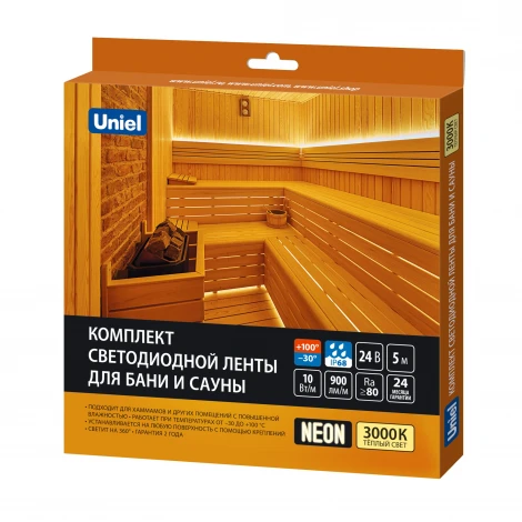 Комплект светодиодной ленты для бань и саун, до +100°С, катушка 5м, теплый белый свет ,3000К, крепление в/к Uniel Готовое решение ULS-N40-2835-120LED/m-16mm-IP68-DC24V-10W/m-5M-3000K NEON SET01