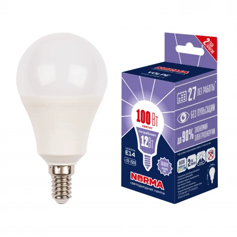 Лампа светодиодная, форма "шар", матовая, дневной белый свет 6500K Volpe Norma LED-G60-12W/6500K/E14/FR/NR